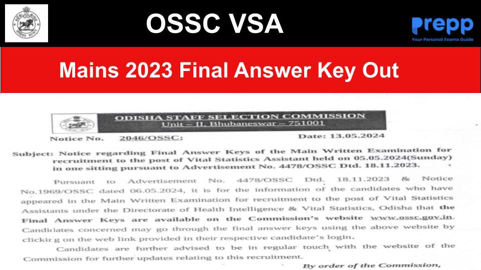 OSSC VSA Mains 2023 Final Answer Key Out at ossc.gov.in; Download PDF