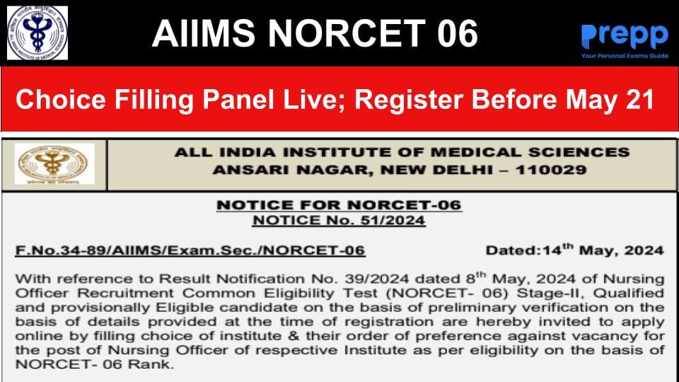 AIIMS NORCET 06 2024 Choice Filling Panel Live at aiimsexams.ac.in ...