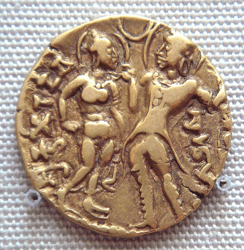 A gold coin depicting Queen Kumaradevi and King Chandragupta I