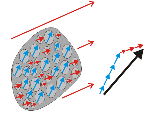 Alignments of magnetic grains of rocks with earth’s magnetic field (red arrows) obscuring the ancient magnetization by more stable grains