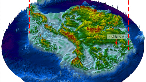 An illustration of the ancient landscape found under Antarctic Ice