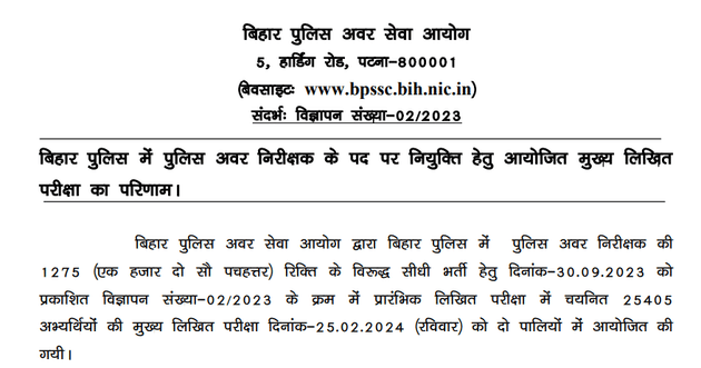 Bihar Police SI Mains Result 2024