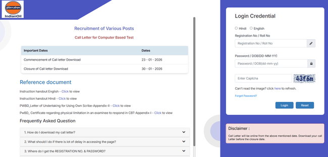 IOCL Non-Executive Admit Card 2026 Link