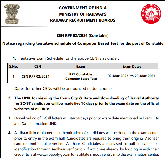 RRB RPF Constable Exam Date 2025 Out
