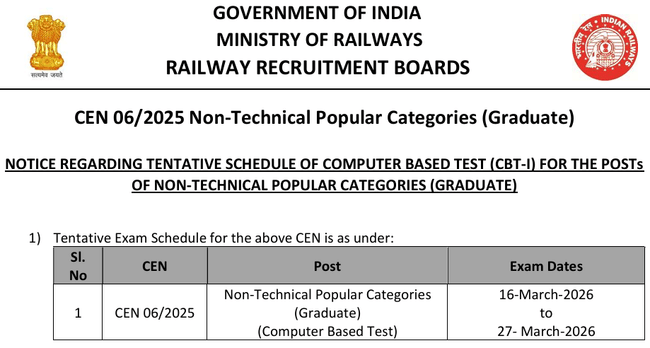 RRB NTPC Graduate CBT 1 Exam Date 2026 Notice