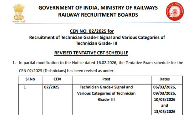 RRB Technician CBT 2026 Revised Exam Schedule