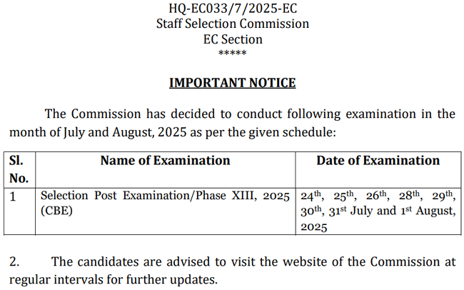 SSC Selection Post Exam Schedule 2025
