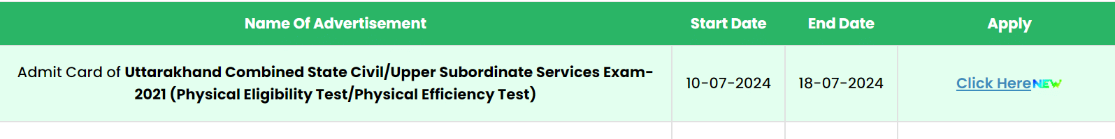 Uttarakhand Combined State Civil/Upper Subordinate Services Exam Admit Card (Physical Eligibility Test/Physical Efficiency Test)”.