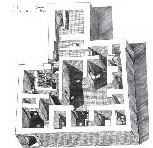 An isometric drawing of a large house in Mohenjodaro Source: 12th NCERT