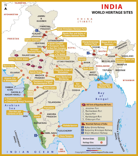 Map Showing UNESCO World Heritage Sites in India