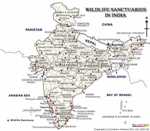 Map of Important Wildlife Sanctuaries in India