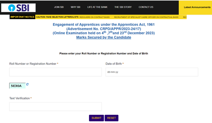 sbi apprentic score card