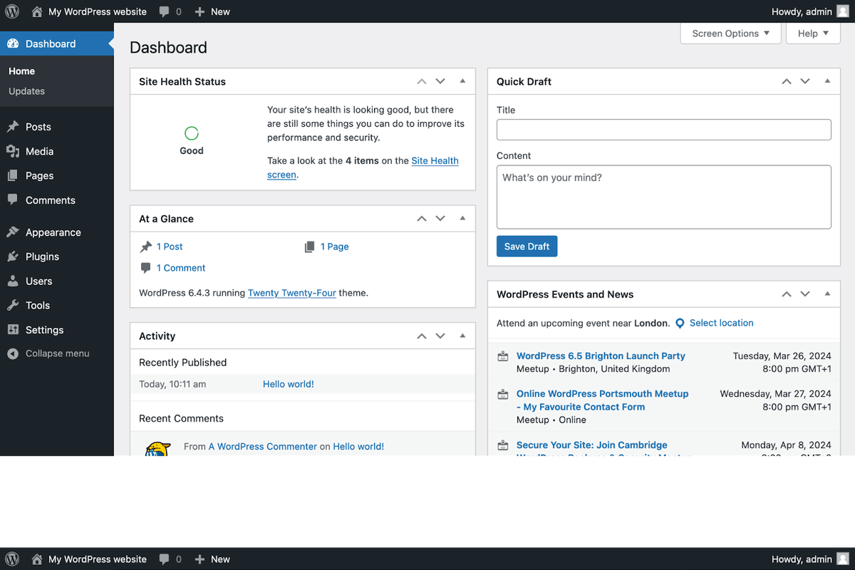 word press dashboard